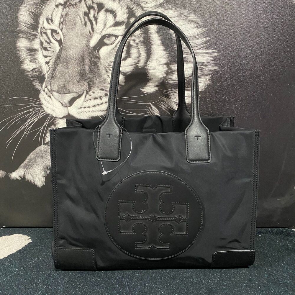 Tory Burch Ella Tote Bag Women's Black Nylon Double Handle Prominent Embossed